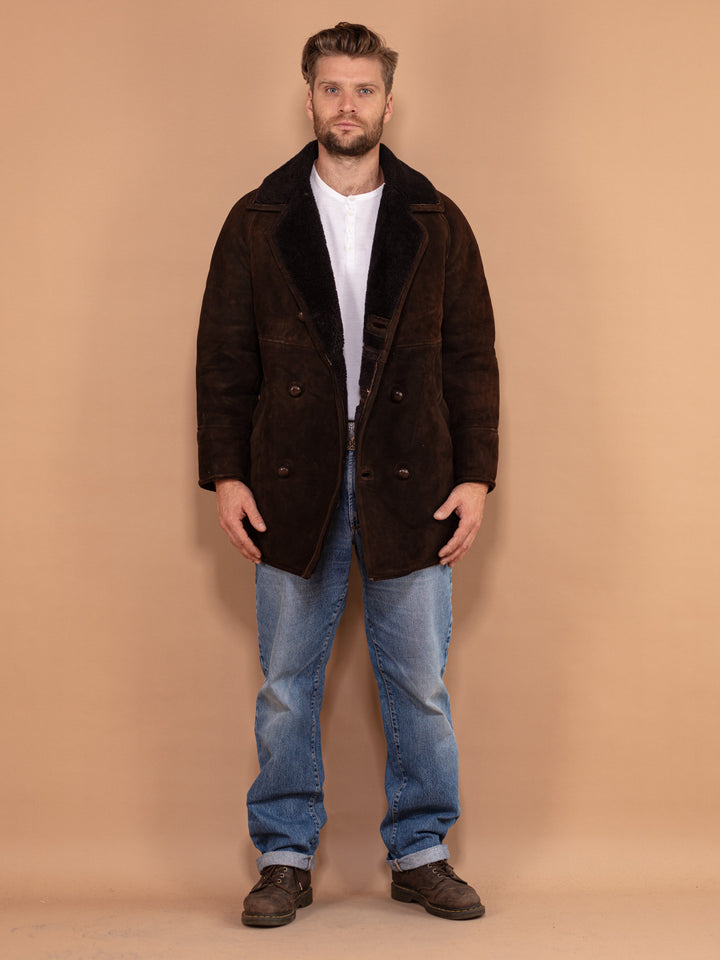 Men Sheepskin Suede Coat 80's, Size Medium, Vintage Dark Brown Winter Coat, Suede Overcoat, Warm Cozy Raglan Coat, Double Breasted Coat