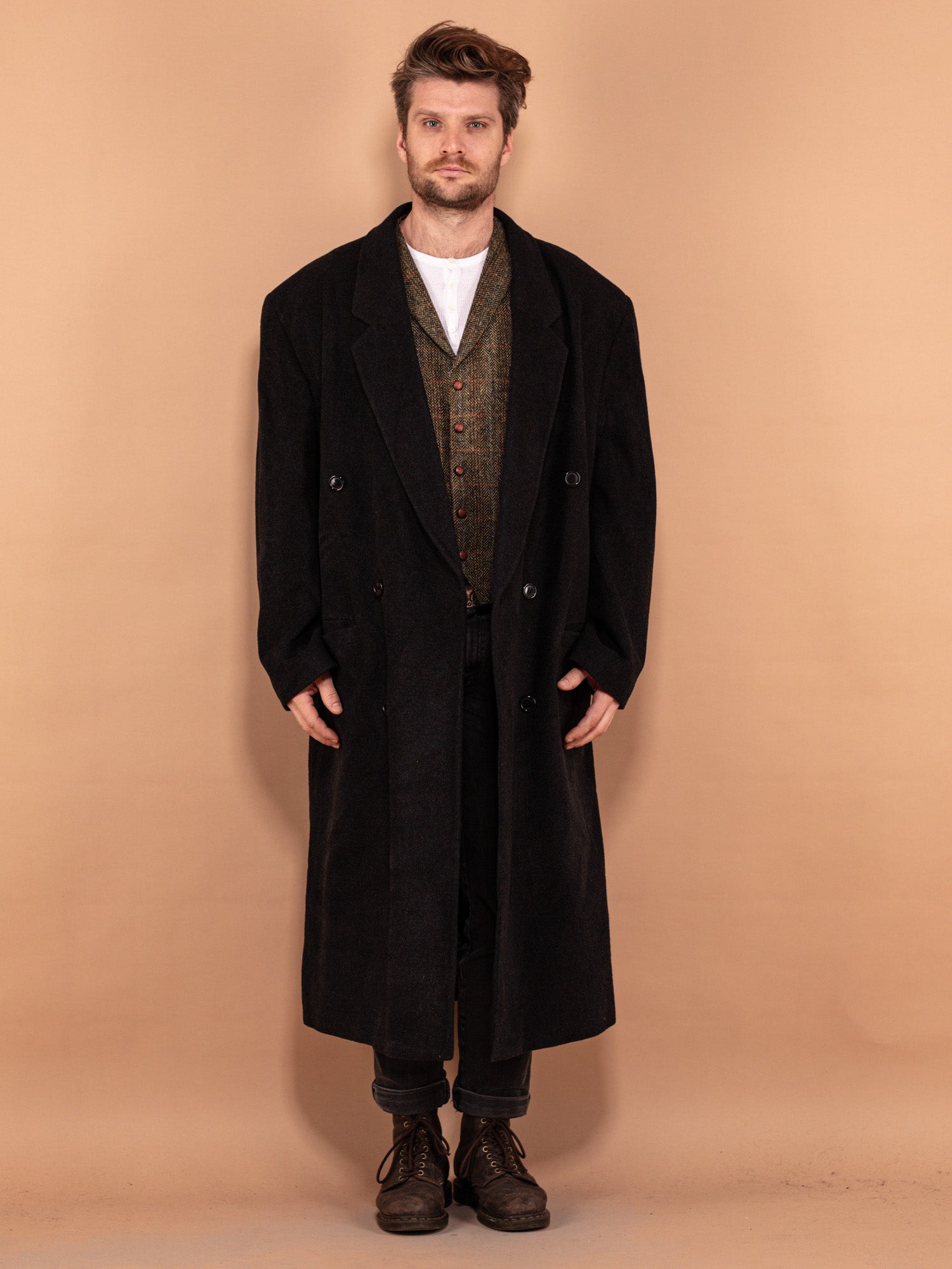 Online Vintage Store | 80's Men Wool Blend Maxi Coat in Grey