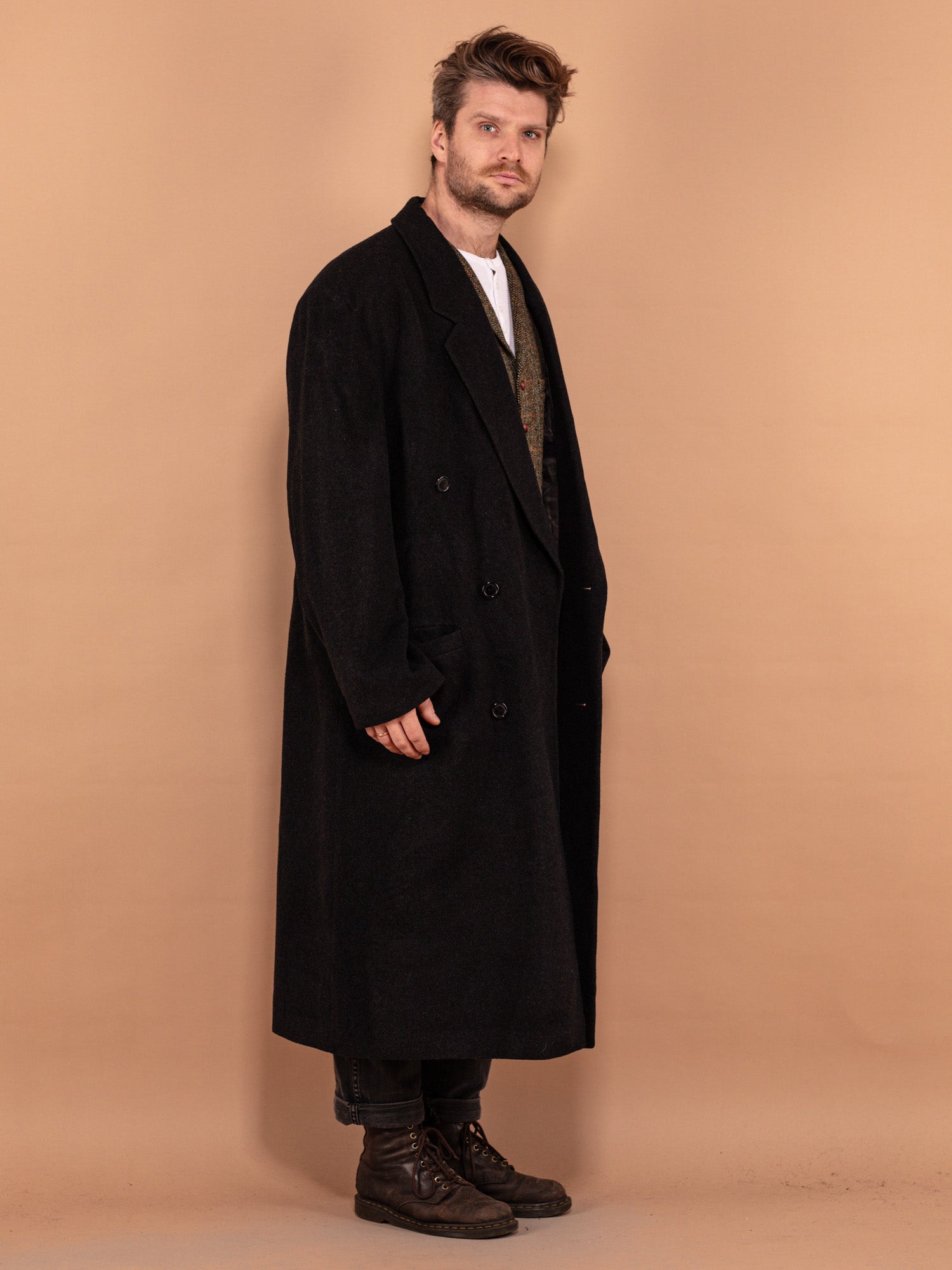 Online Vintage Store | 80's Men Wool Blend Maxi Coat in Grey