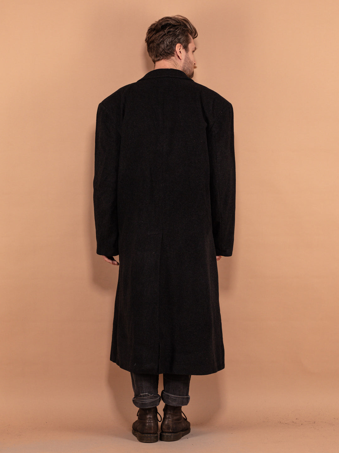 Men Wool Blend Maxi Coat 80's, Size XL, Vintage Minimalist Coat, Dark Gray Wool Overcoat, Oversized Men Topcoat, Classy Long Coat