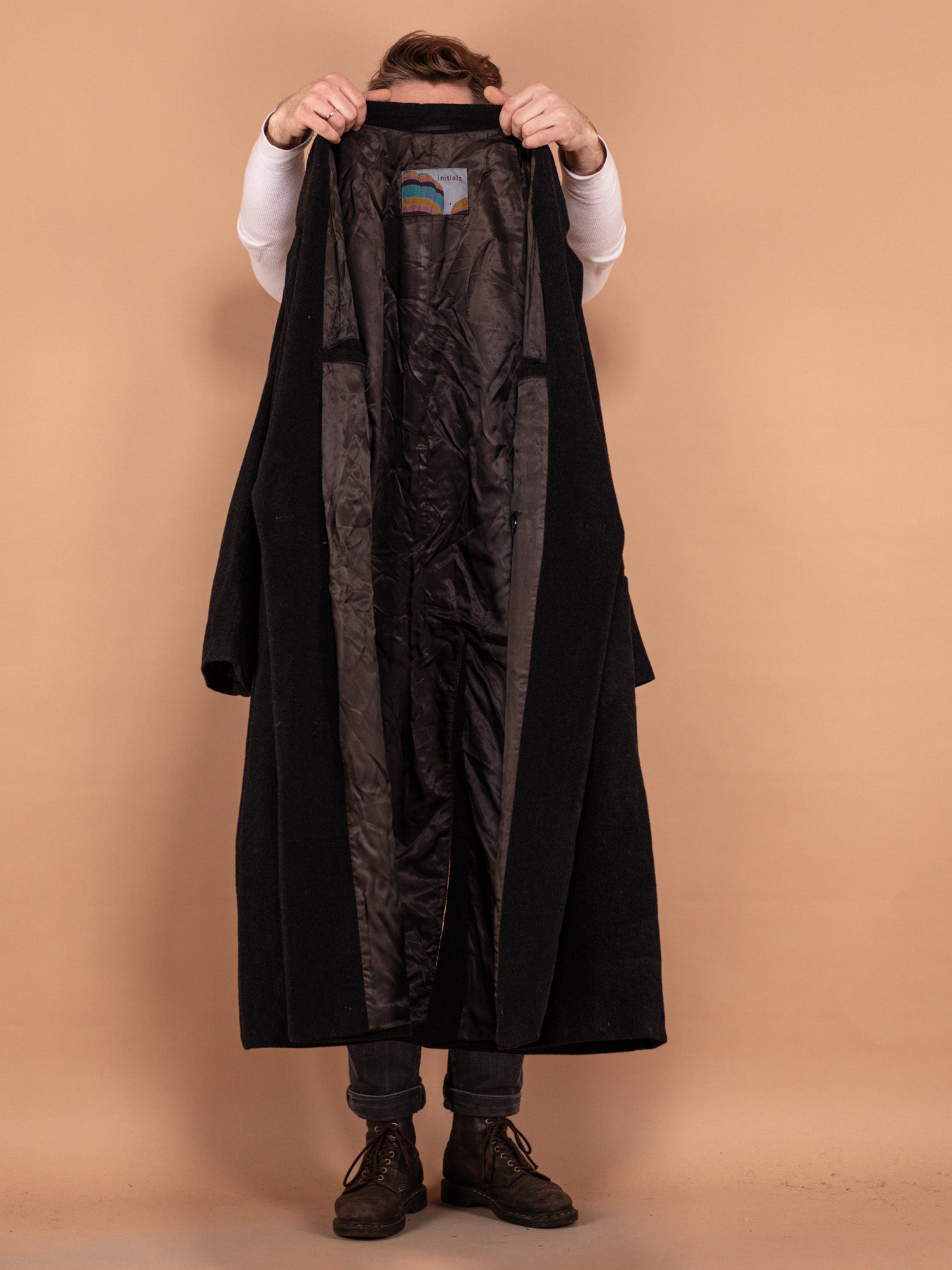 Online Vintage Store | 80's Men Wool Blend Maxi Coat in Grey