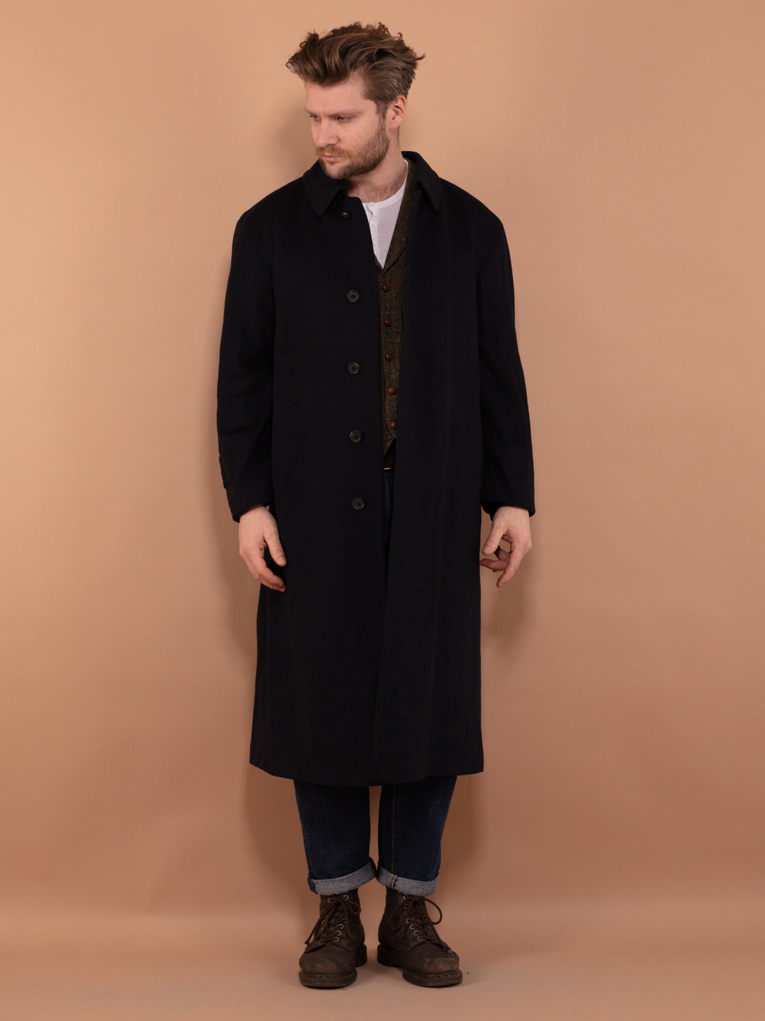 Men Wool Blend Topcoat 80's, Size M Medium, Vintage Loden Wool Coat, Classic Mens Clothing, Navy Blue Spring Coat, Elegant Outerwear