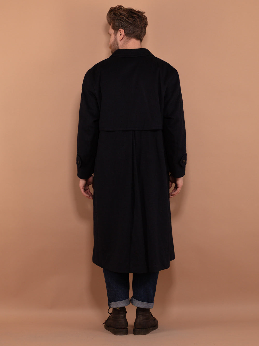 Vintage 80's Men Wool Blend Long Coat in Navy Blue - NorthernGrip