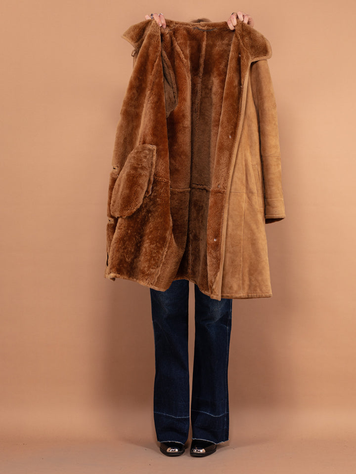 Beige Sheepskin Overcoat 80s, Size XL, Oversized Long Shearling Coat, Vintage Suede Winter Coat, Women Casual Winter Wear, Straight Cut Coat