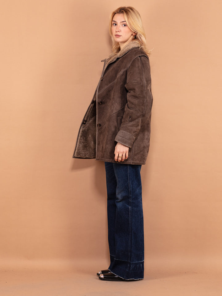 Vintage 80's Women Shearling Suede Coat in Grey - NorthernGrip