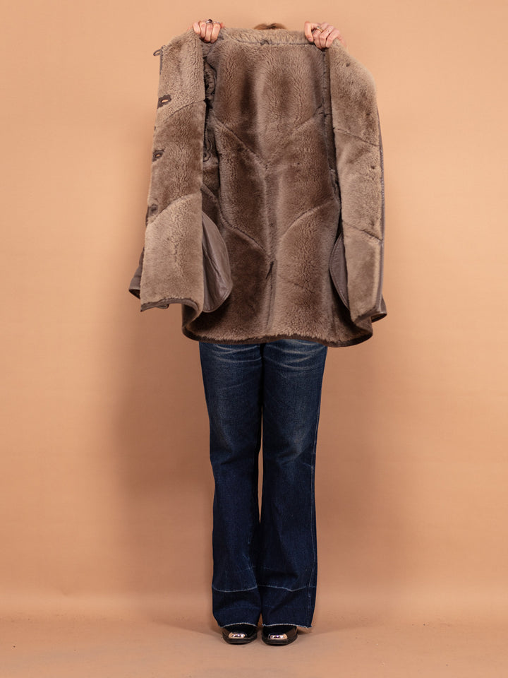 Gray Shearling Suede Coat 80's, Size M Medium, Vintage Winter Coat, Thick Sheepskin Coat, Cozy Suede Overcoat, Grey Fur Coat, 80s Outerwear