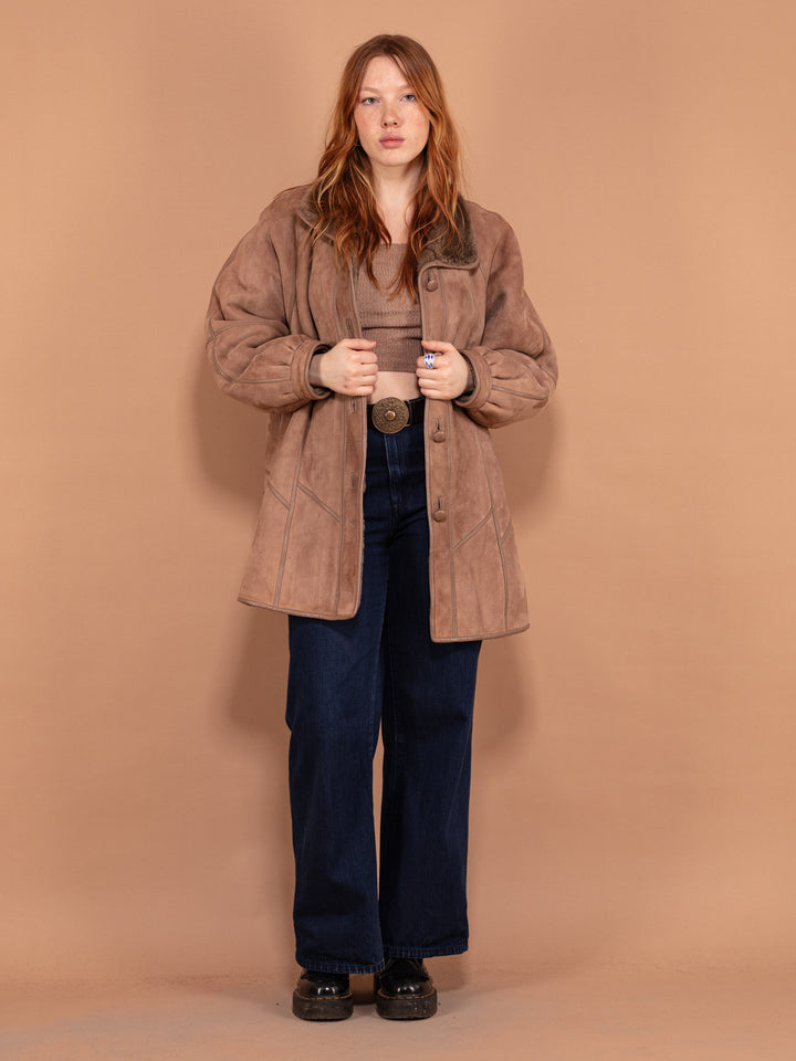 Vintage 80's Women Sheepskin Suede Coat in Light Brown - NorthernGrip