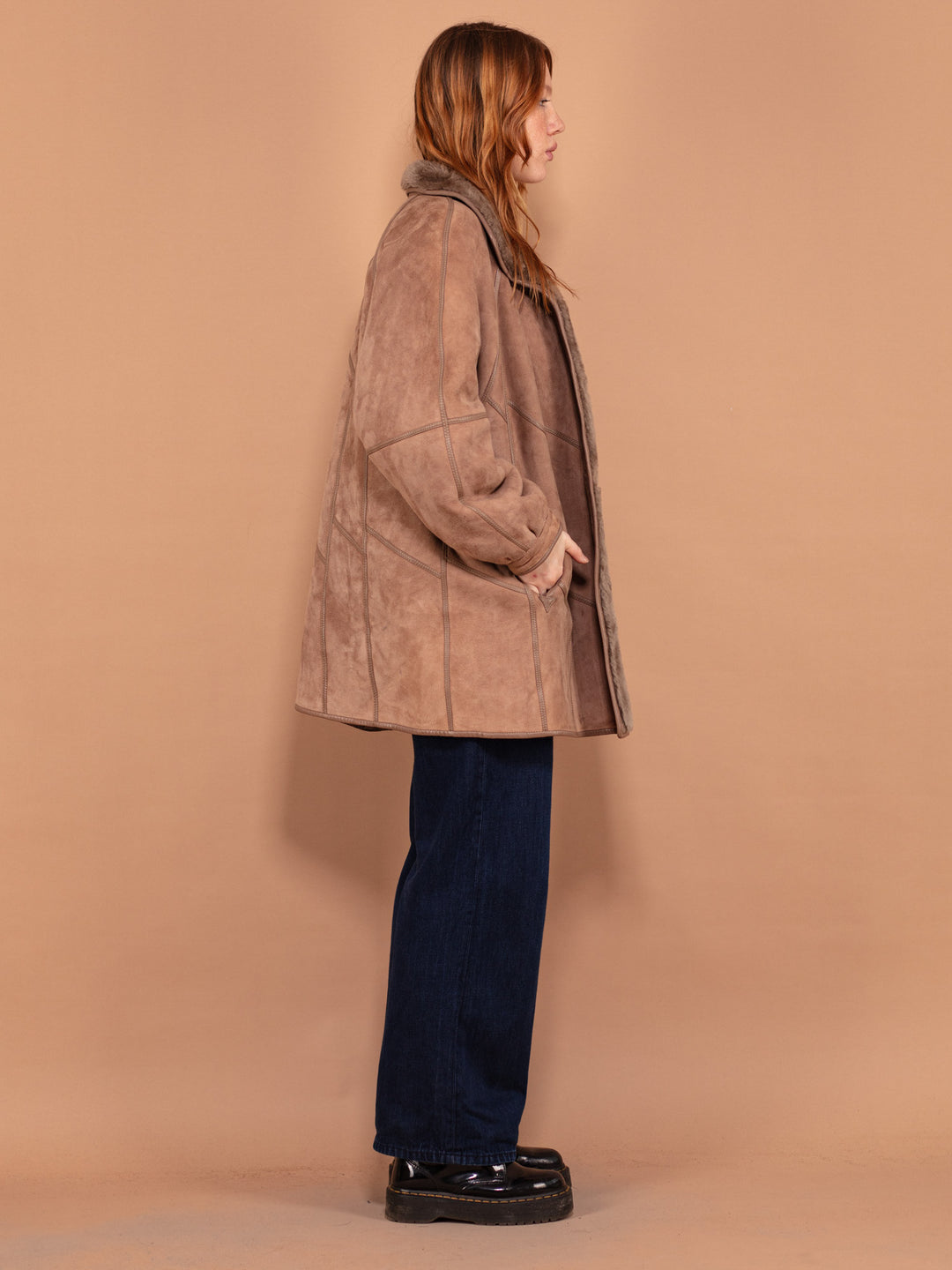 Vintage 80's Women Sheepskin Suede Coat in Light Brown - NorthernGrip