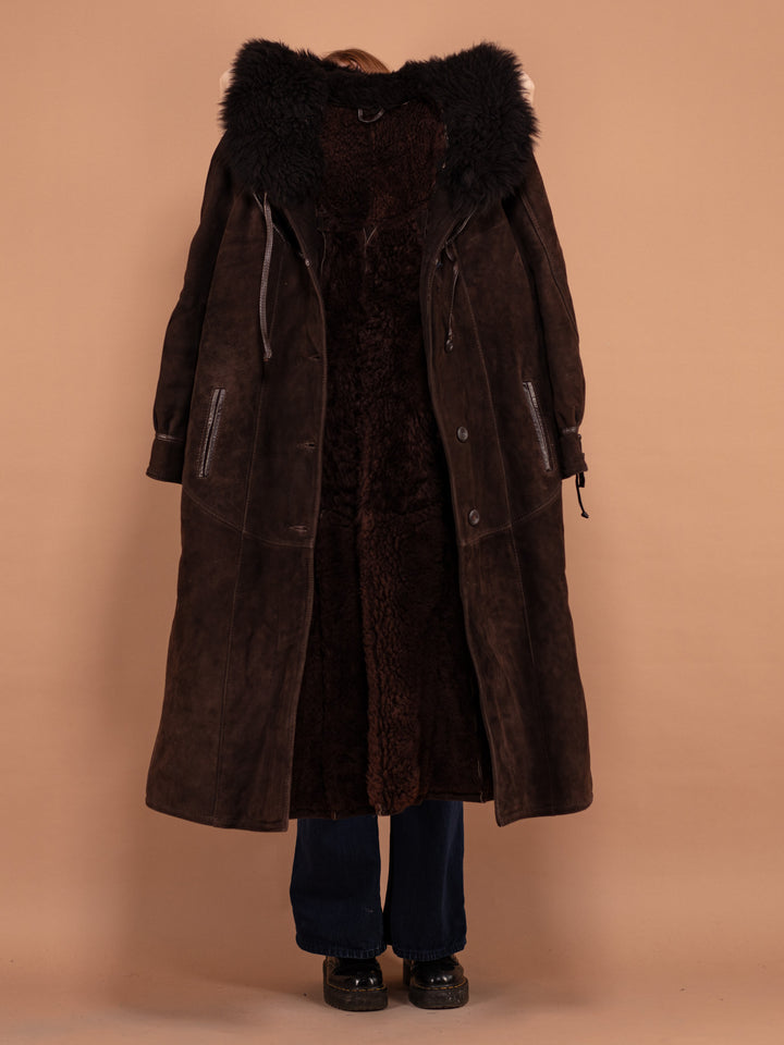 Long Heavy Sheepskin Coat 80's, Size M Medium, Brown Shearling Coat, Vintage Winter Coat, Midi Length Heavyweight Suede Overcoat, Outerwear