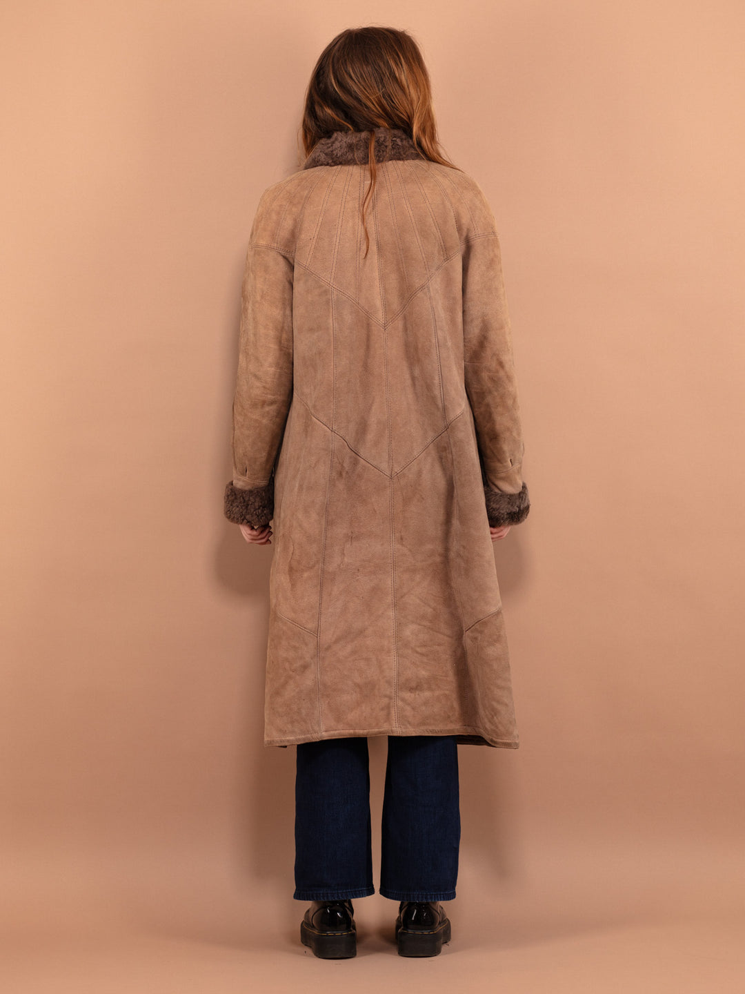 Vintage 80's Women Long Sheepskin Coat in Brown