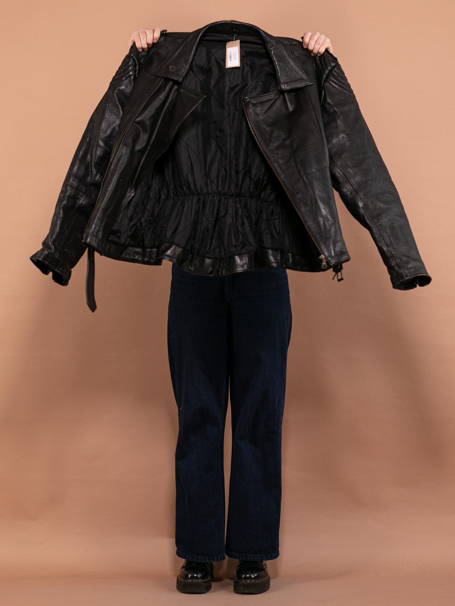 Online Vintage Store | 80's Women Leather Biker Jacket in Black