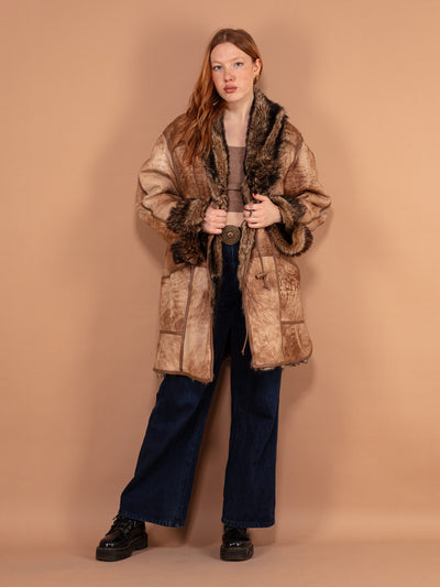 Reversible Sheepskin Coat 80's, Size Large, Vintage Women Fuzzy Sheep Fur Coat, Tie Dye Brown Leather Coat, Fancy Winter Coat, Outerwear
