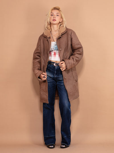 Women Sheepskin Leather Coat 80's, Size Medium, Vintage 90's Warm Sheep Skin Coat, Boho Outerwear, Brown Leather Overcoat, Retro 80s Clothes