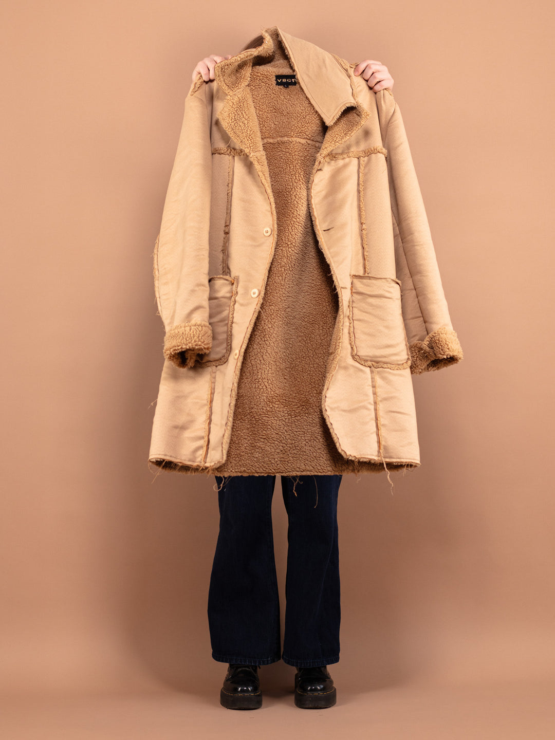 Women Faux Sheepskin Coat 90's, Size L Large, Boho Vintage Beige Coat, Exposed Seams Overcoat, Outerwear, Cozy Midi Coat, 1990s Clothing