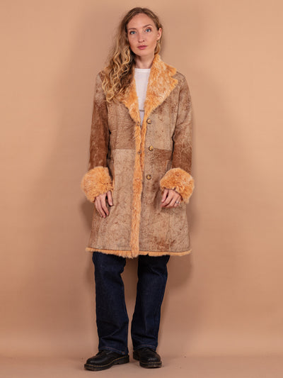 Fur Trim Leather Coat 90's, Size M Medium, Y2K Vintage Unique Women Coat, Acid Wash Brown Leather Overcoat, Spring Outerwear, Made in Italy