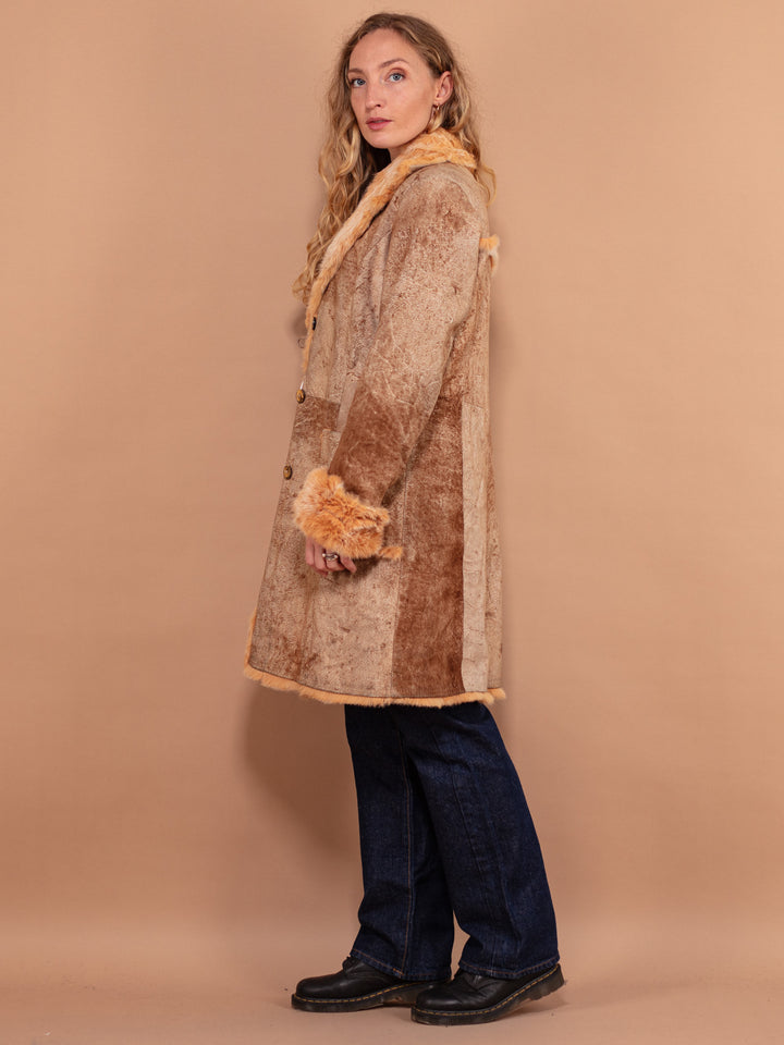 Fur Trim Leather Coat 90's, Size M Medium, Y2K Vintage Unique Women Coat, Acid Wash Brown Leather Overcoat, Spring Outerwear, Made in Italy