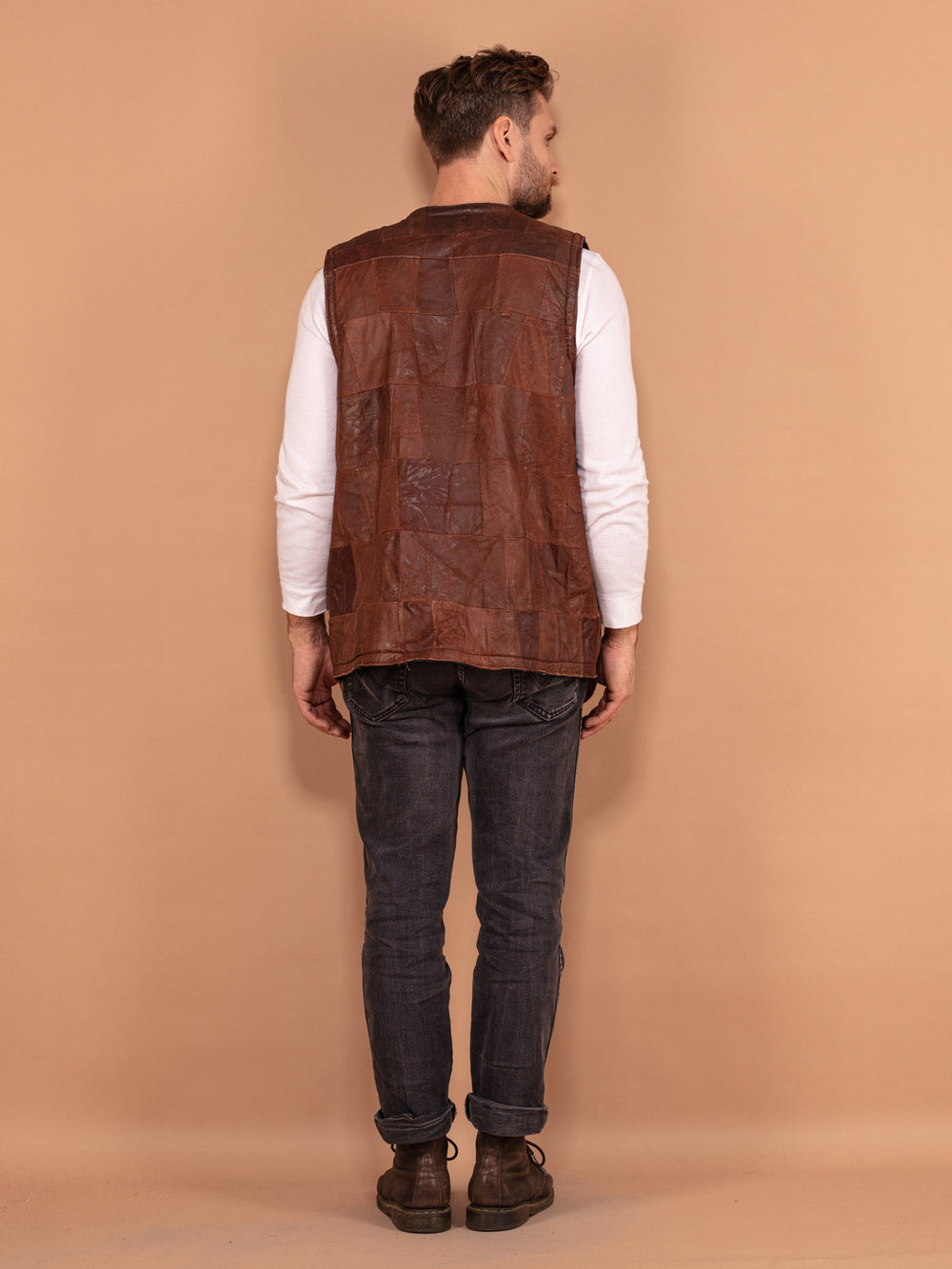 Vintage 80's Men Sherpa Lined Patchwork Leather Vest in Brown - NorthernGrip