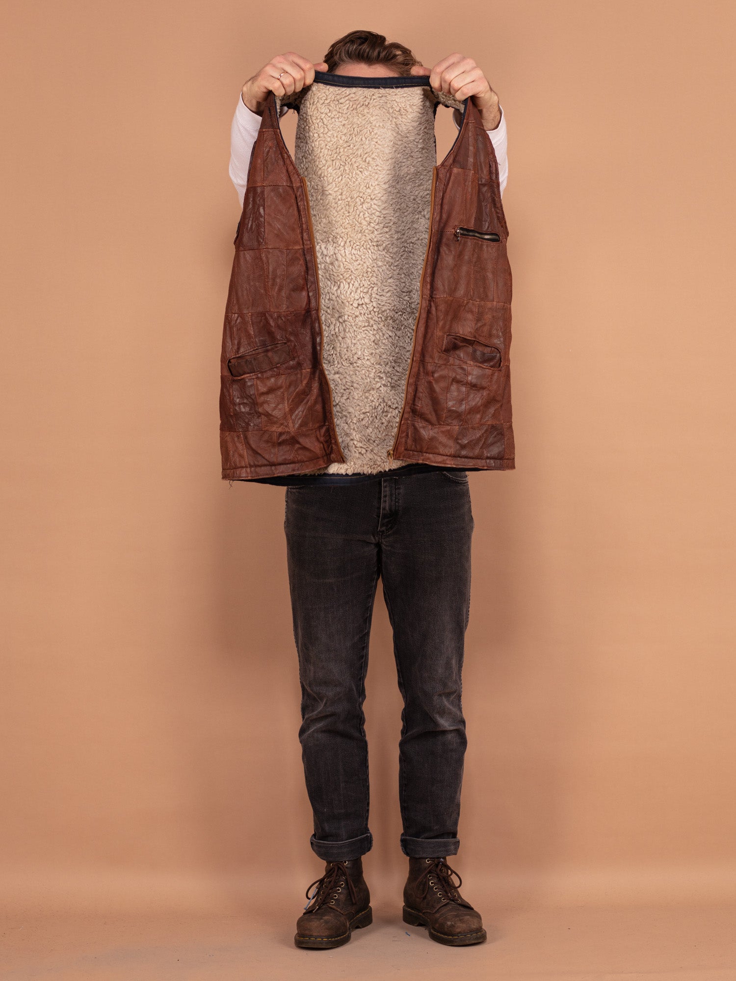 Vintage fashion men's vest with Sherpa wool and true leather