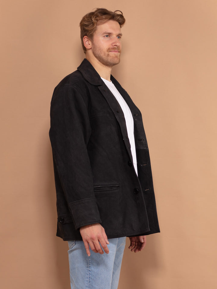 Soft Leather Button Up Jacket 90's, Size Large, Vintage Black Suede Coat, Men Nubuck Jacket, Streetwear, Fall Outerwear