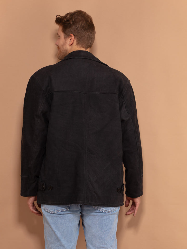 Soft Leather Button Up Jacket 90's, Size Large, Vintage Black Suede Coat, Men Nubuck Jacket, Streetwear, Fall Outerwear