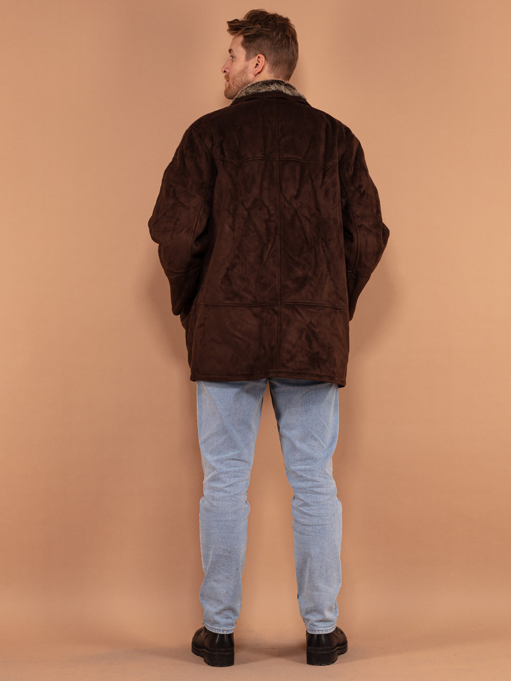 Vintage 90's Men Faux Sheepskin Coat in Brown - NorthernGrip