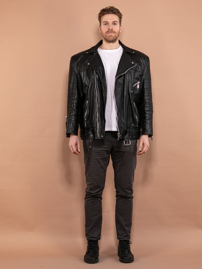 Biker Leather Jacket 90s, Size L Large XL, Men Motorcycle Apparel, Insulated Racing Jacket, Vintage Moto Jacket, Gothic Metal Leather Jacket