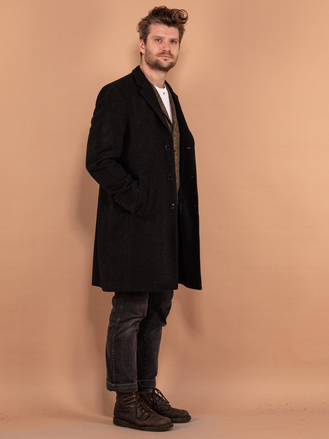 Black Wool Blend Coat 90's, Size M Medium, Vintage Lightweight Wool Topcoat, Classic Menswear, Elegant Outerwear, Minimalist Overcoat