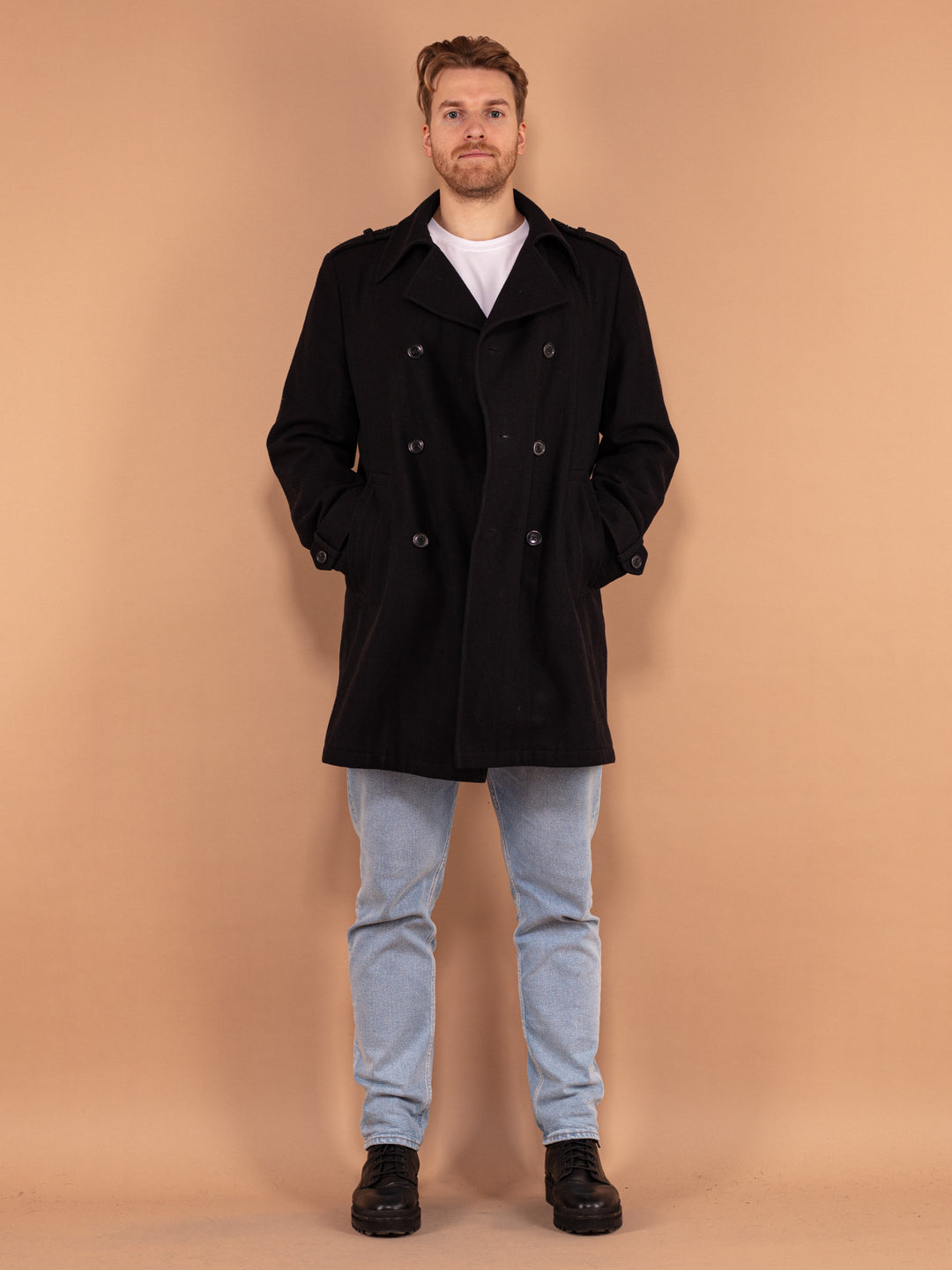 Men's Black Wool Coat 90's, Size XL, Vintage Scottish Wool Overcoat, Minimalist Black Coat, Double Breasted Autumn Topcoat, 00's Men Peacoat