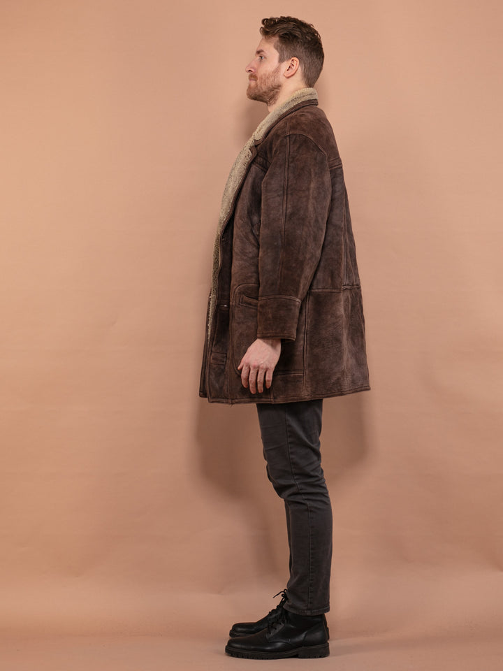 Vintage Shearling Coat 90s, Size L Large, Men Sheepskin Suede Coat, Brown Overcoat, Sheep Winter Coat, Everyday Coat, Casual Comfy Outerwear