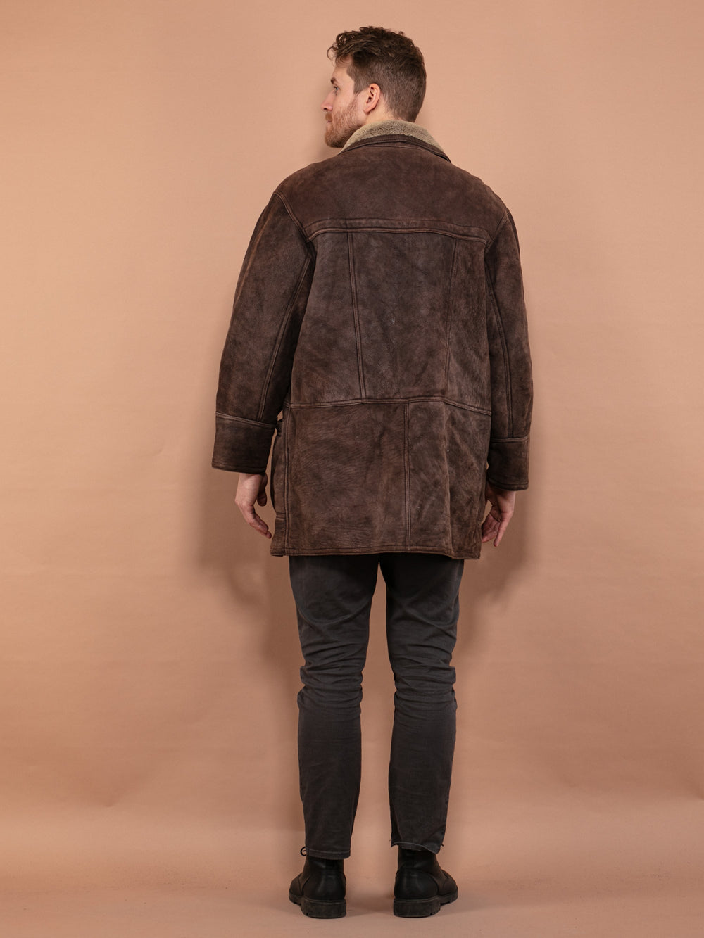 Vintage 90's Men Shearling Suede Coat in Brown - NorthernGrip