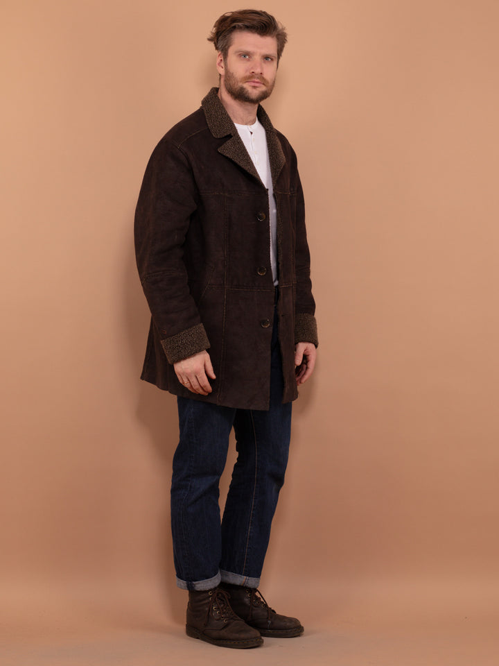 Brown Sherpa Lined Coat 90's, Size XL, Oversized Faux Sheepskin Jacket, Vintage Men Lightweight Spring Coat, Retro Style Button Up Jacket