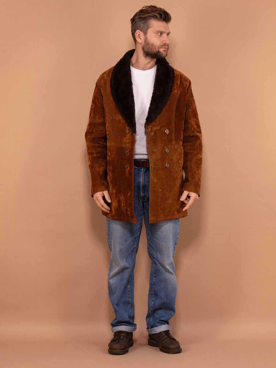 Brown Velour Sherpa Coat 90's, Size Large, Men Faux Sheepskin Coat, Vegan Shearling Fur Coat, Retro Style Overcoat, Velvet Outerwear