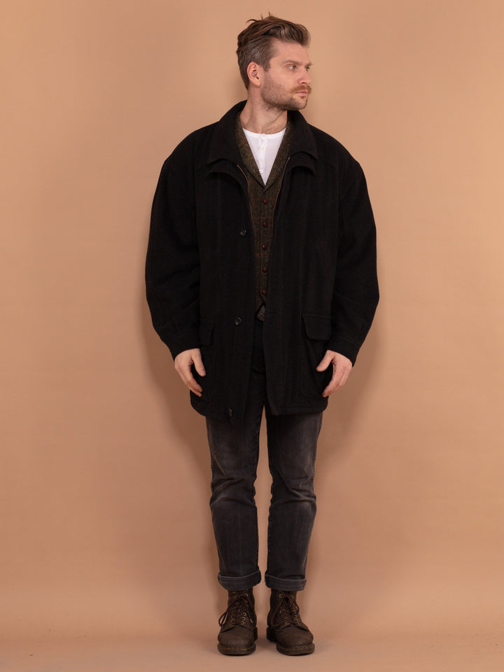 Cashmere Blend Parka Jacket 90's, Size XL, Vintage Insulated Wool Zip Up Coat, Dark Gray Casual Coat, Outerwear, Men Oversized Coat