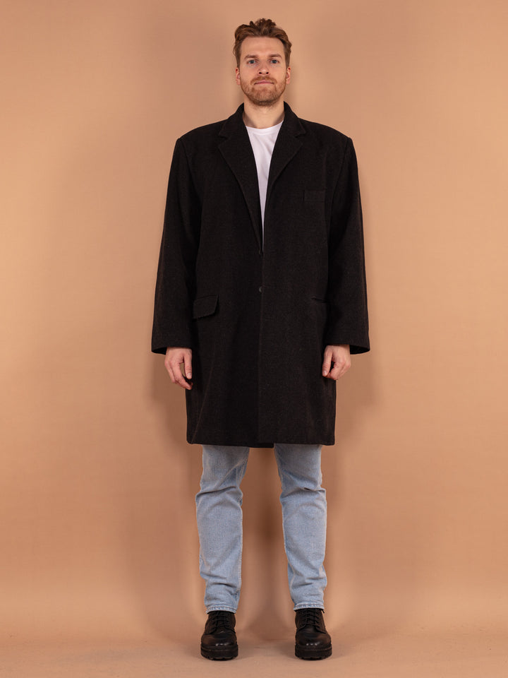 90's Men Wool Overcoat, Size XL, Vintage Dark Gray Wool Coat, Men Autumn Topcoat, Long Minimalist Coat, Men Classic Outerwear