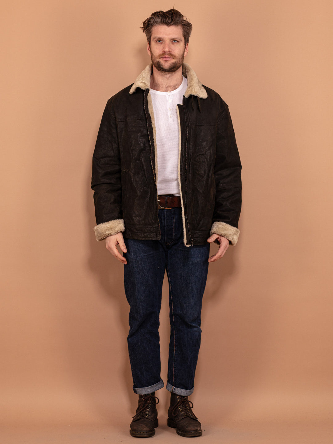 Online Vintage Store 90's Men Faux Fur Lined Leather Jacket