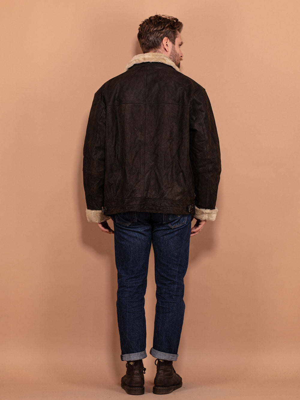 Vintage 90's Men Faux Fur Lined Leather Jacket in Black - NorthernGrip