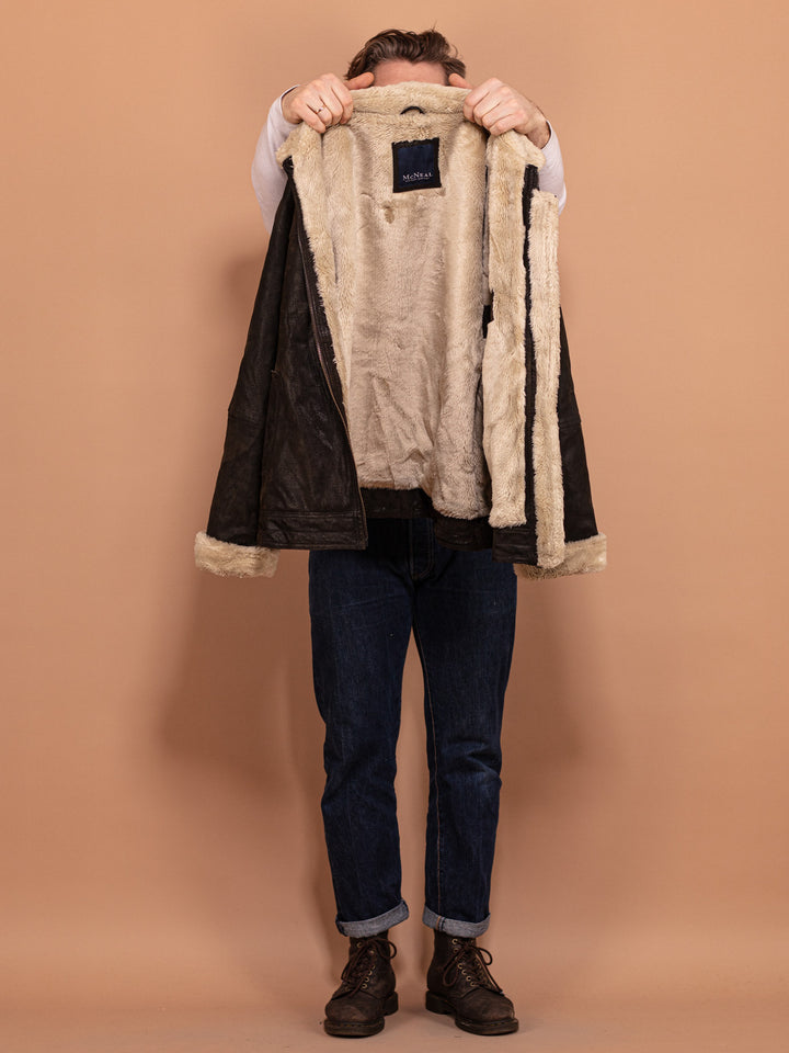 Faux Fur Lined Leather Jacket 90s, Size XL XXL, Black Leather Sherpa Jacket, Winter Coat, Faux Sheepskin Bomber Jacket, Vintage Men Clothing
