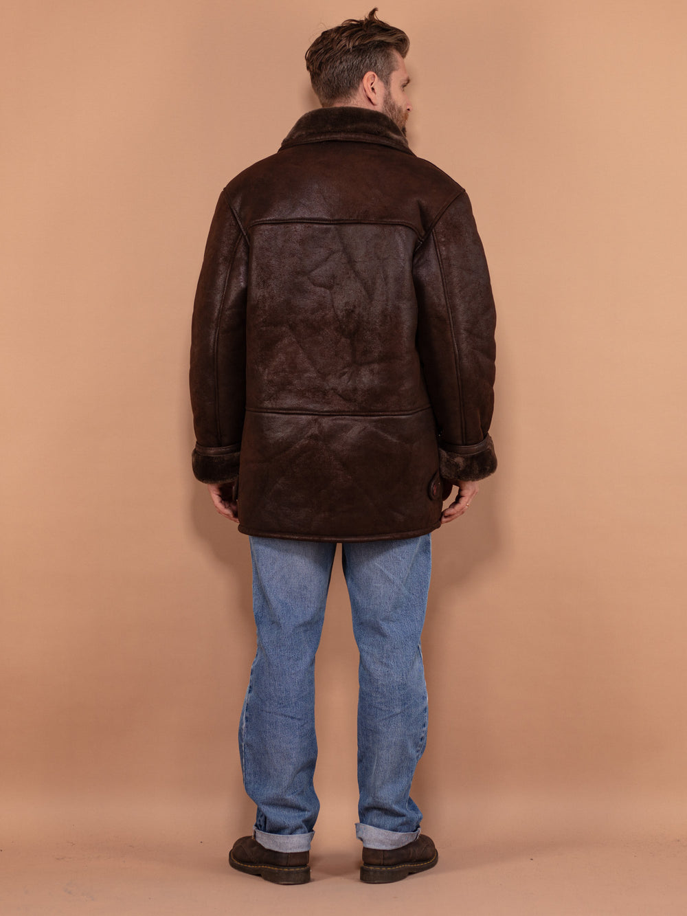 Vintage 90's Men Faux Sheepskin Coat in Dark Brown - NorthernGrip