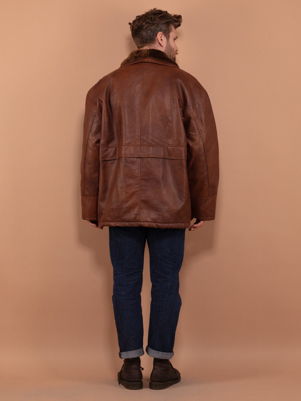Vintage 90's Men Faux Sheepskin Coat in Brown - NorthernGrip