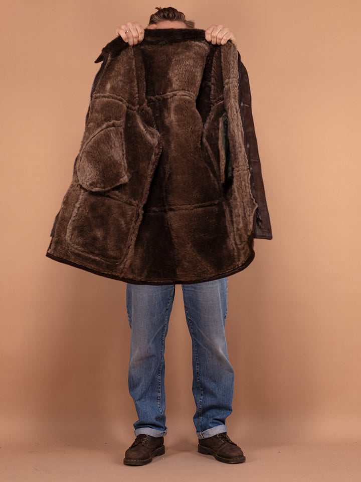 Faux Sheepskin Coat 90's, Size Medium, Vintage Cruelty Free Suede Sherpa Coat, Vegan Shearling Coat, Zip Up Dark Brown Cozy Winter Coat