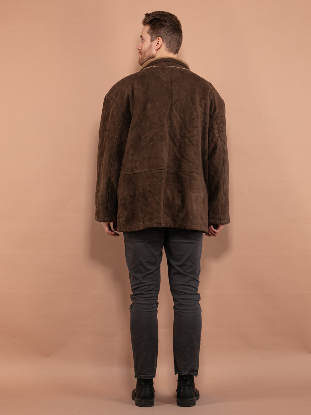 Vintage 90's Men Faux Sheepskin Jacket in Brown - NorthernGrip