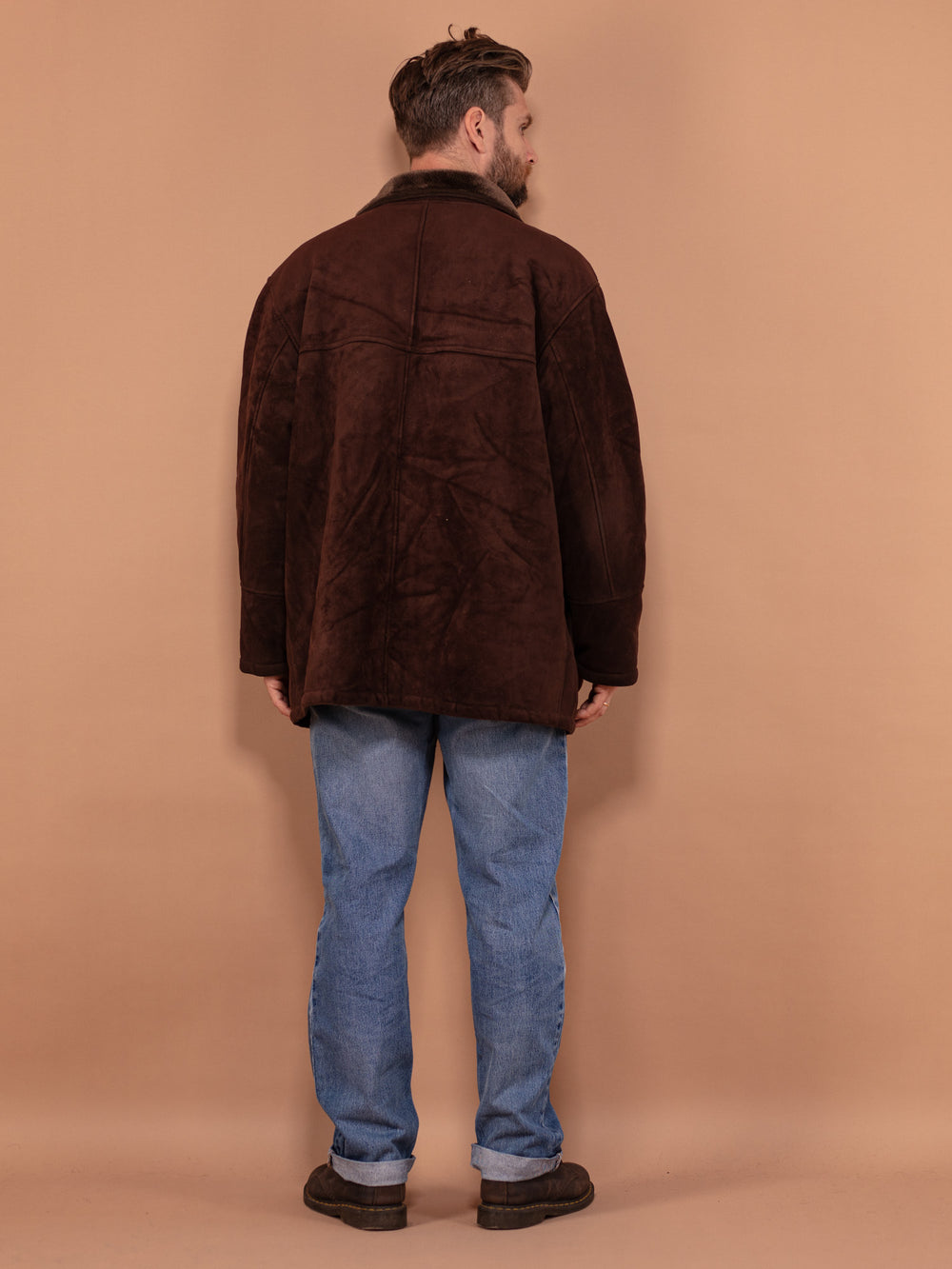 Vintage 90's Men Faux Sheepskin Coat in Dark Brown - NorthernGrip