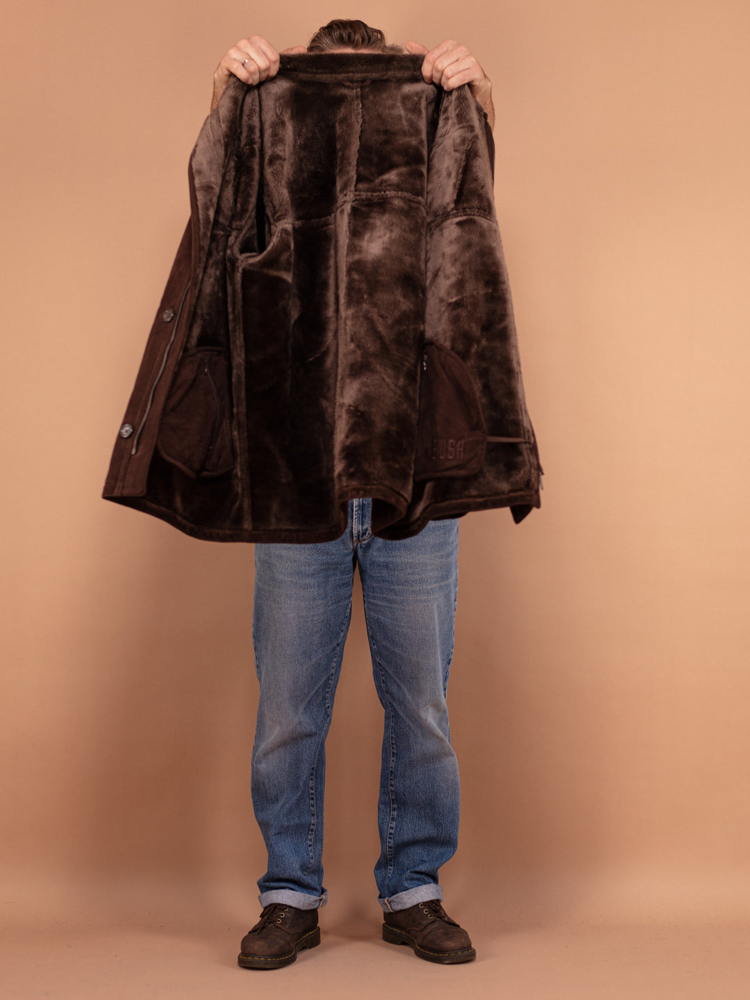 Faux Sheepskin Coat 90's, Size XL, Vintage Cruelty Free Shearling Coat, Vegan Suede Sherpa Coat, Zip Up Brown Cozy Winter Coat, Outerwear