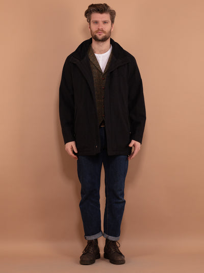 90s Hugo Boss Wool Jacket, Size L Large, Men Wool Sportswear, Athletic Winter Spring Jacket, Zip Up Wool Coat, Vintage Dark Gray Outerwear
