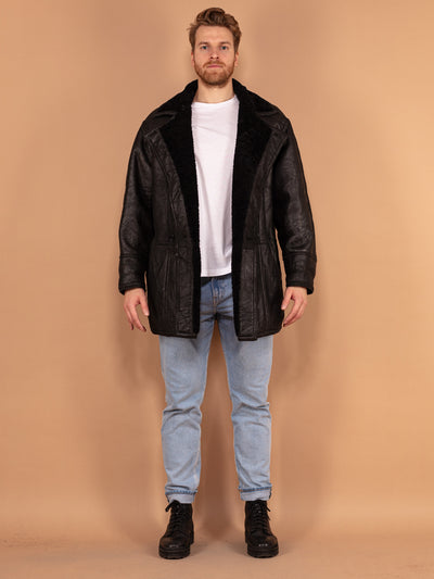 Black Sheepskin Leather Coat 90's, Size L Large, Vintage Men Shearling Coat, Classic 90s Outerwear, Sheep Fur Winter Coat, Leatherwear