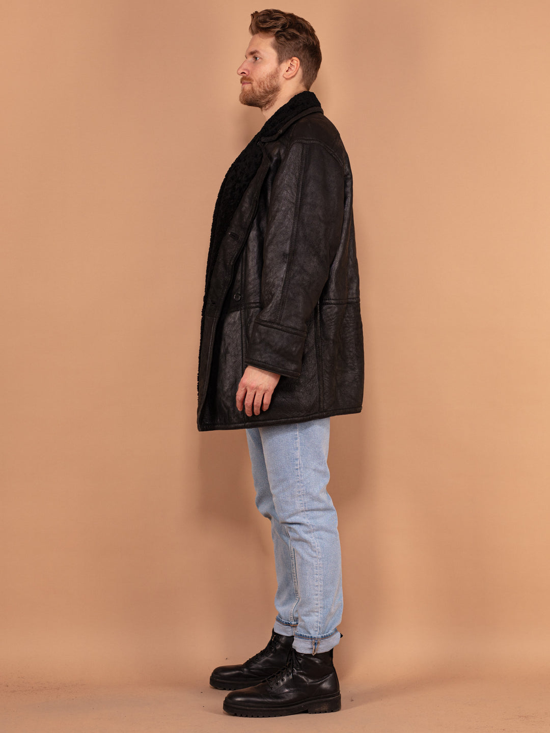 Black Sheepskin Leather Coat 90's, Size L Large, Vintage Men Shearling Coat, Classic 90s Outerwear, Sheep Fur Winter Coat, Leatherwear