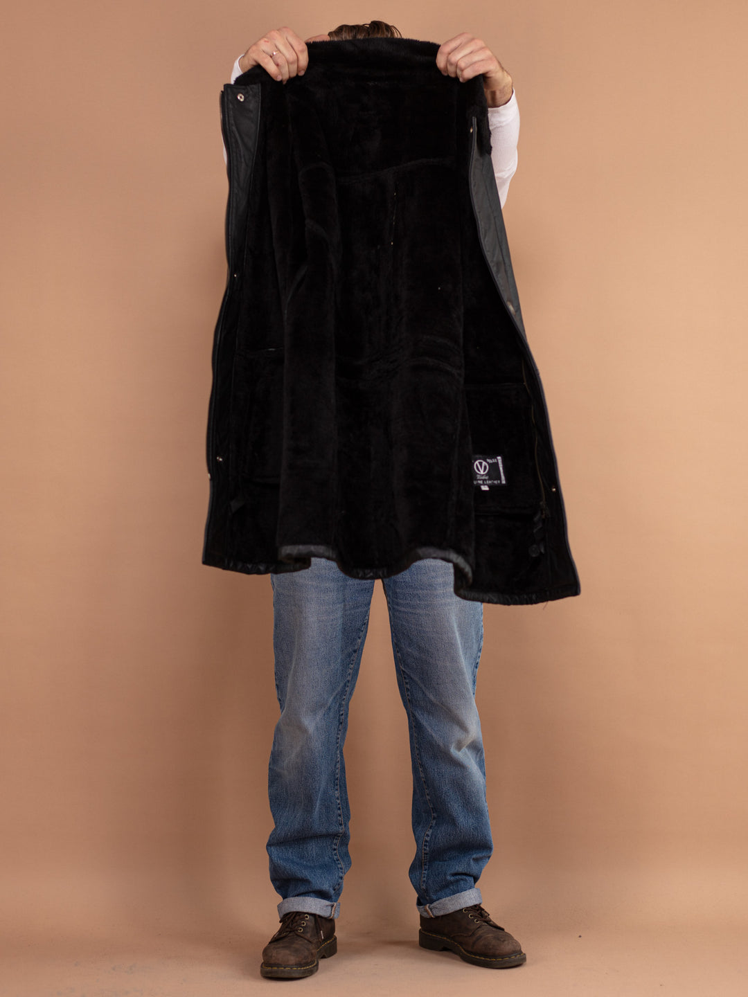 Black Leather Sherpa Coat 90's, Size Large, Vintage Men Leather Coat, Minimalist Style Zip Up Winter Coat, Gift for Men, Faux Sheepskin Coat