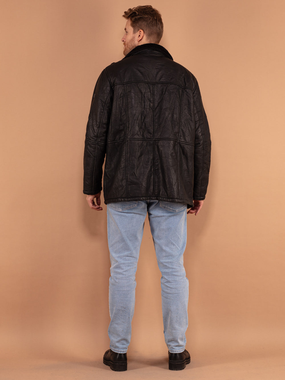 Vintage 90's Men Leather Sherpa Jacket in Black - NorthernGrip