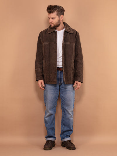 Brown Leather Sherpa Jacket 90's, Size Large, Button Up Short Coat, Men Fall Outerwear, Faux Sheepskin Bomber Jacket, Vintage Men Clothing
