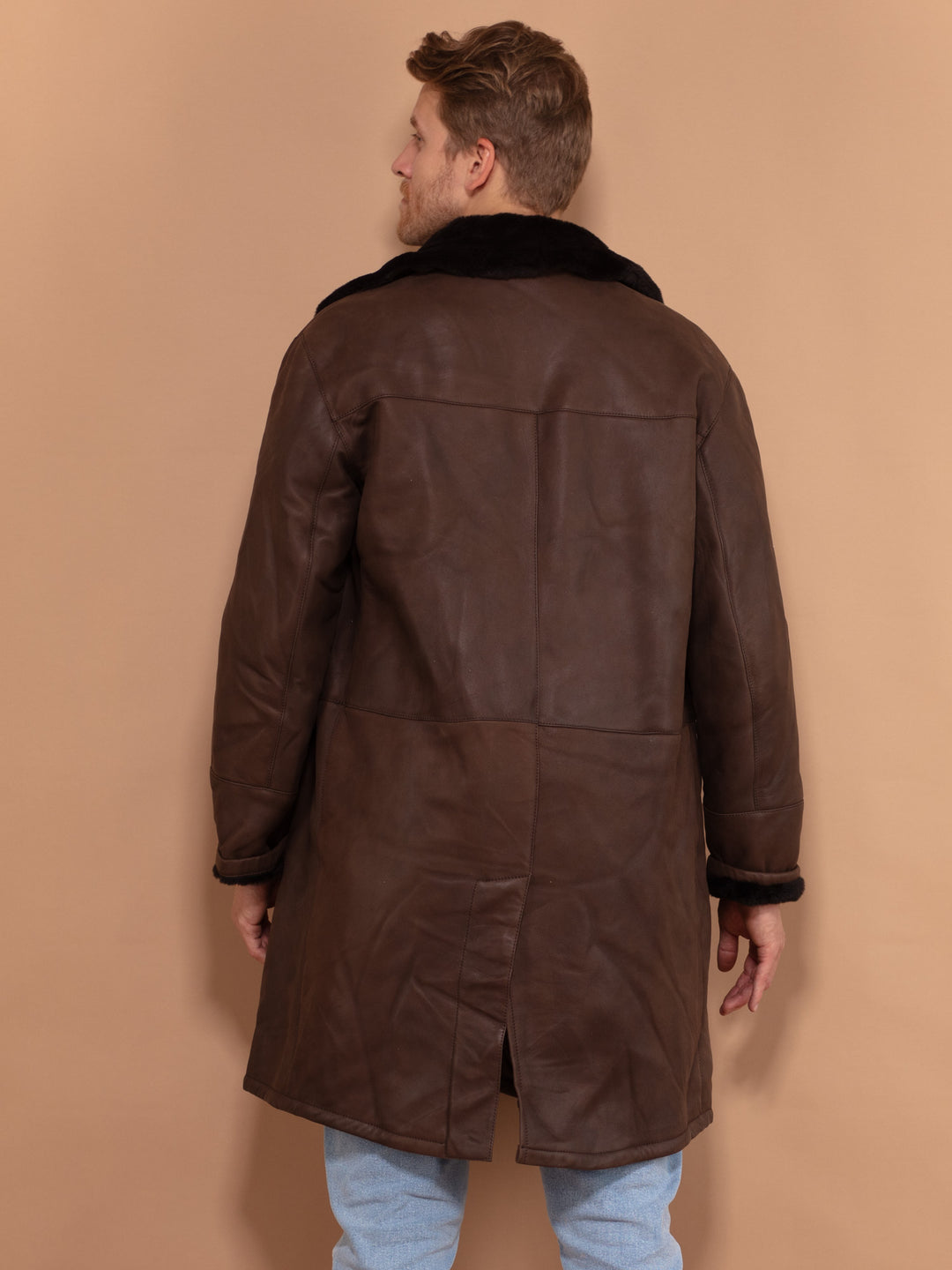 Soft Leather Shearling Coat 90s, Size Large, Vintage Men Classic Coat, Brown Sheepskin Coat, Vintage Outerwear, Winter Overcoat